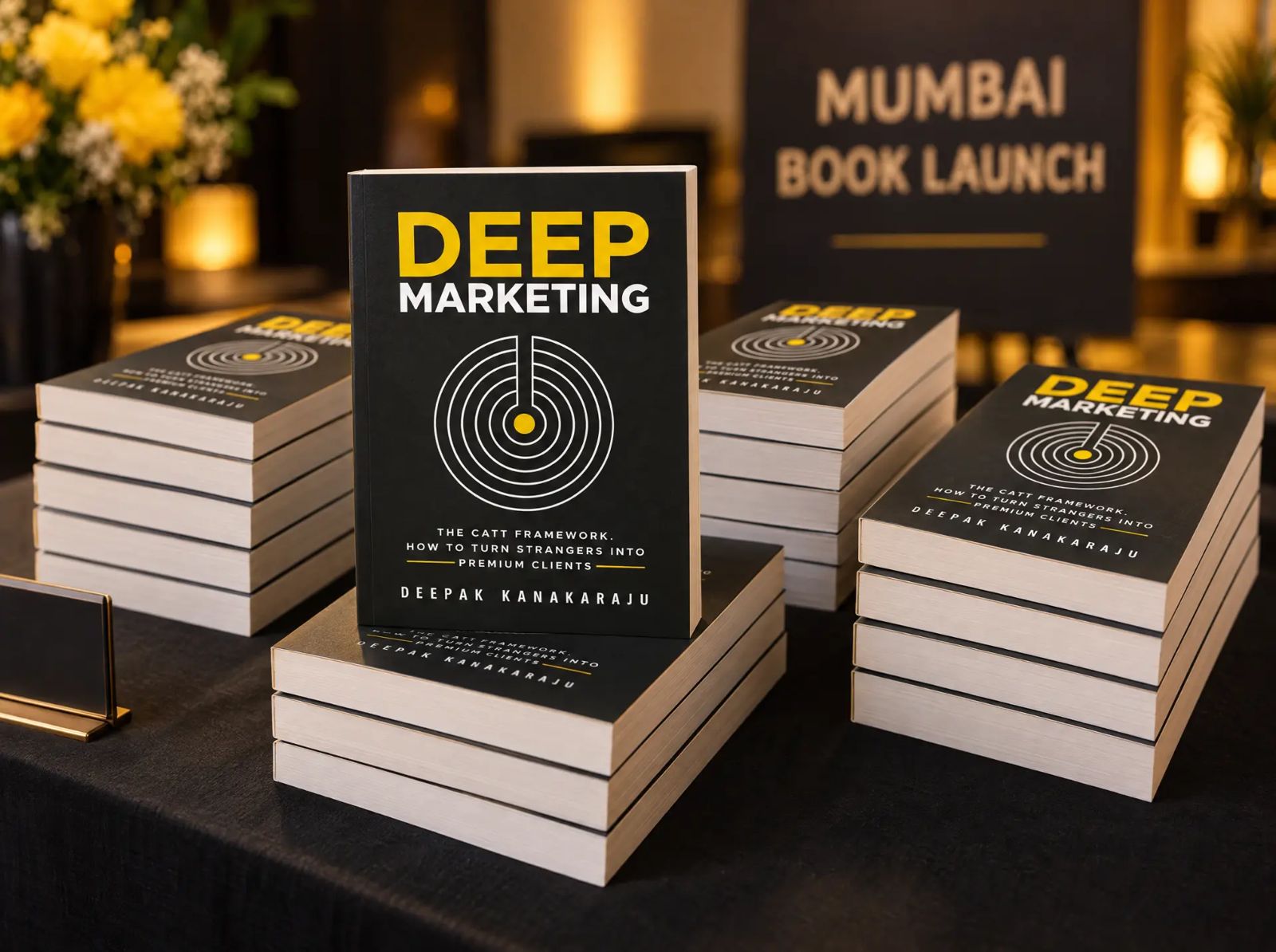 Stacks of Deep Marketing books ready for attendees at the Mumbai book launch.